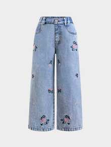 SHEIN 女童休閒日常牛仔褲，附口袋、鈕扣與花卉刺繡圖案 - 藍色 - 查看 5