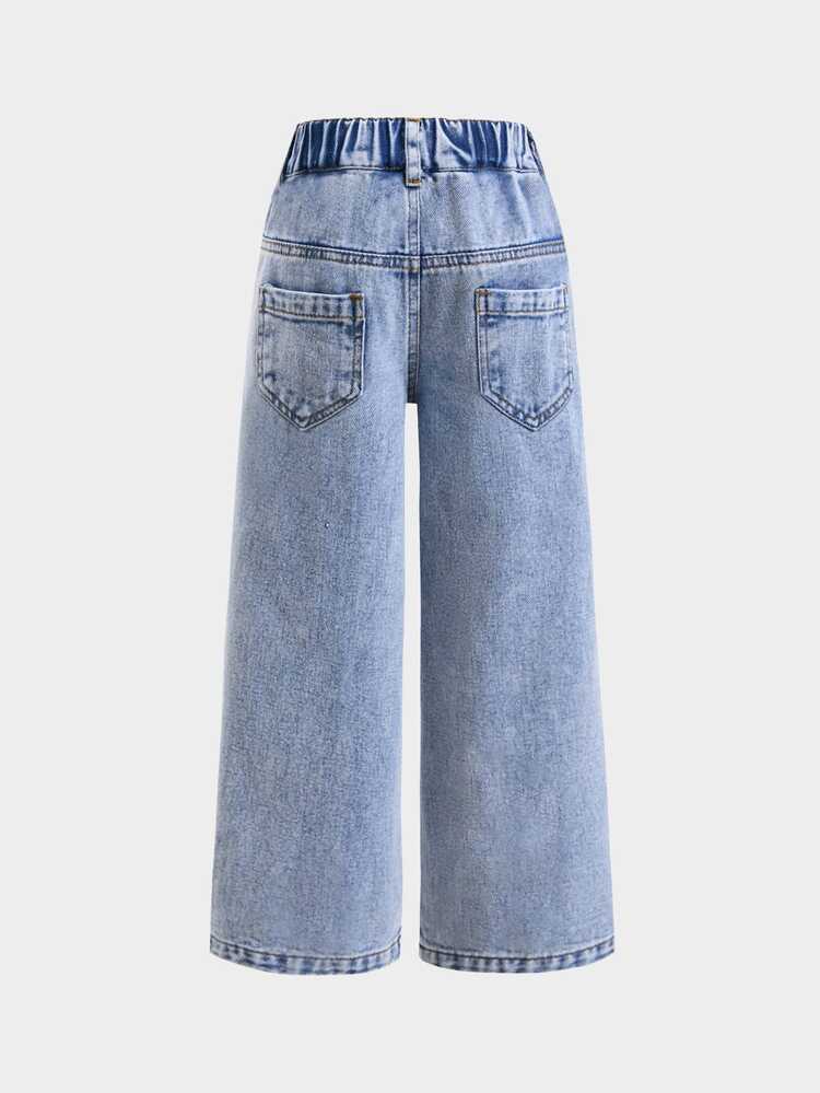 SHEIN Young Girl Casual Everyday Denim Jeans With Pocket, Button And Floral Embroidery Pattern - Blue - View 2