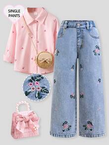 SHEIN 女童休閒日常牛仔褲，附口袋、鈕扣與花卉刺繡圖案 - 藍色 - 查看 4
