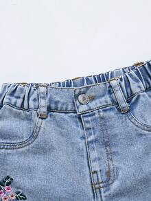 SHEIN 女童休閒日常牛仔褲，附口袋、鈕扣與花卉刺繡圖案 - 藍色 - 查看 9