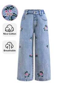 SHEIN 女童休閒日常牛仔褲，附口袋、鈕扣與花卉刺繡圖案 - 藍色 - 查看 10