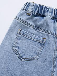 SHEIN 女童休閒日常牛仔褲，附口袋、鈕扣與花卉刺繡圖案 - 藍色 - 查看 6
