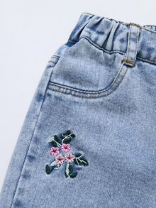 SHEIN 女童休閒日常牛仔褲，附口袋、鈕扣與花卉刺繡圖案 - 藍色 - 查看 7