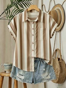Franclia Striped Pocket Casual Vacation Shirt - Khaki - View 3
