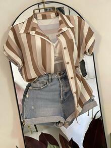 Franclia Striped Pocket Casual Vacation Shirt - Khaki - View 5