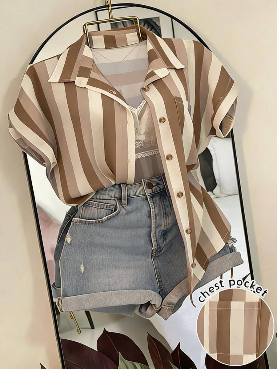 Franclia Striped Pocket Casual Vacation Shirt - Khaki - View 1