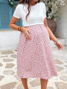 SHEIN فستان رضاعة كاجوال بأكمام قصيرة وتصميم رقعي زهري للأمهات للعطلات - وردي - مشاهدة 5