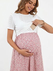 SHEIN فستان رضاعة كاجوال بأكمام قصيرة وتصميم رقعي زهري للأمهات للعطلات - وردي - مشاهدة 1
