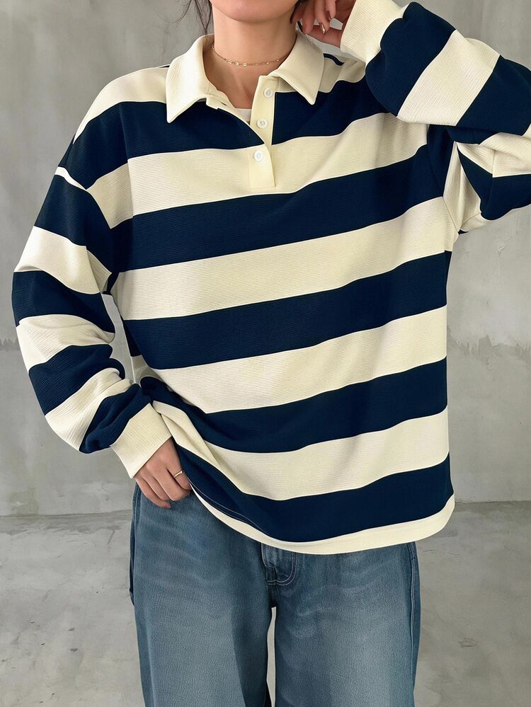 FRIFUL Women's Black & White Loose Striped Polo Collar Mid-Sleeve Casual Summer T-Shirt - Navy Blue - View 4