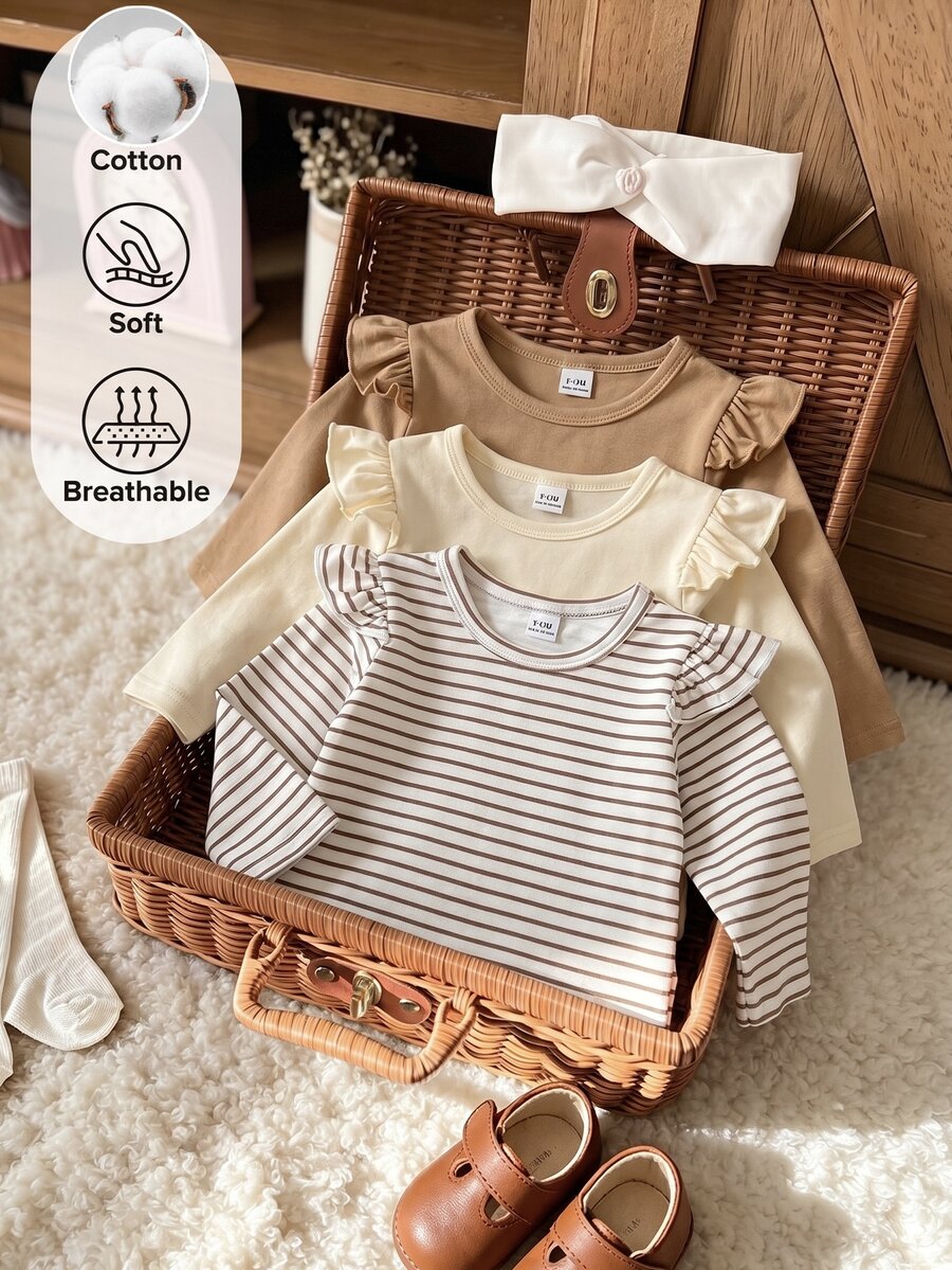 SHEIN 3pcs/Set Baby Girl Spring/Autumn Long Sleeve Ruffle Trim Tops, Cute Simple Casual Versatile Style, Suitable For Indoor, Outdoor, Shopping And Other Occasions