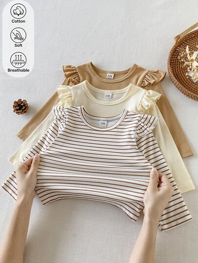 SHEIN 3pcs/Set Baby Girl Spring/Autumn Long Sleeve Ruffle Trim Tops, Cute Simple Casual Versatile Style, Suitable For Indoor, Outdoor, Shopping And Other Occasions