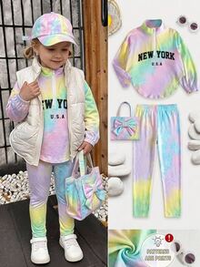 SHEIN 女童紮染印花運動衫與緊身褲套裝 - 彩色 - 查看 1