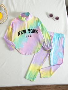 SHEIN 女童紮染印花運動衫與緊身褲套裝 - 彩色 - 查看 5