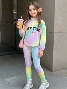 SHEIN 女童紮染印花運動衫與緊身褲套裝 - 彩色 - 查看 4