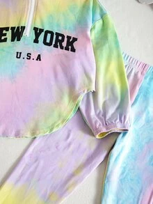 SHEIN 女童紮染印花運動衫與緊身褲套裝 - 彩色 - 查看 8