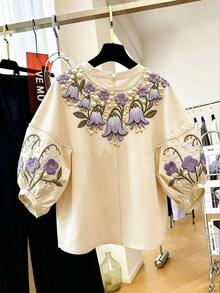 Resyla 女士优雅花卉刺绣灯笼袖宽松衬衫，适合春、夏、秋季穿着 - 彩色 - 查看 2