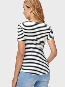 SHEIN Maternity T-shirts Asimetris Striped Casual - Hitam dan Putih - View 4