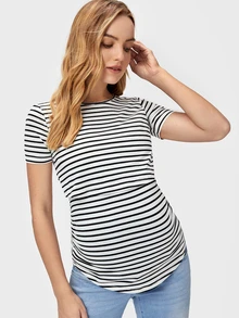 SHEIN Maternity T-shirts Asimetris Striped Casual - Hitam dan Putih - View 1