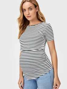 SHEIN Maternity T-shirts Asimetris Striped Casual - Hitam dan Putih - View 6