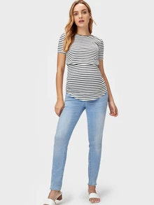 SHEIN Maternity T-shirts Asimetris Striped Casual - Hitam dan Putih - View 3