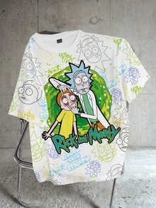Rick and Morty X SHEIN تي شيرت رجالي بطبعة كرتونية - أبيض - مشاهدة 1
