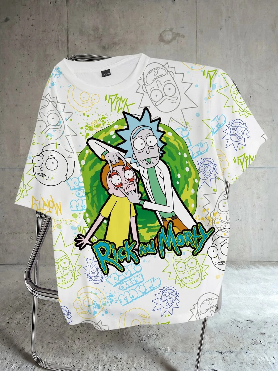 Rick and Morty X SHEIN تي شيرت رجالي بطبعة كرتونية - أبيض - مشاهدة 1