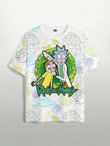 Rick and Morty X SHEIN تي شيرت رجالي بطبعة كرتونية - أبيض - مشاهدة 7