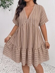SHEIN Frenchy Women's Plus Size Deep V-Neck Short Sleeve Striped Textured Dress - Multicolor - View 3