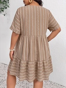 SHEIN Frenchy Women's Plus Size Deep V-Neck Short Sleeve Striped Textured Dress - Multicolor - View 2