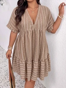 SHEIN Frenchy Women's Plus Size Deep V-Neck Short Sleeve Striped Textured Dress - Multicolor - View 1