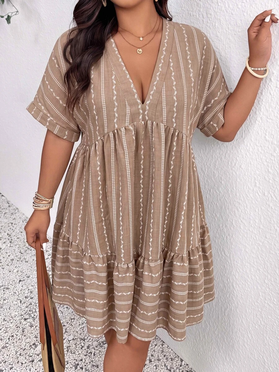 SHEIN Frenchy Women's Plus Size Deep V-Neck Short Sleeve Striped Textured Dress - Multicolor - View 1