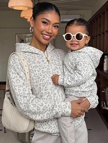 SHEIN 女嬰可愛百搭休閒豹紋連帽秋季運動衫 - 灰色 - 查看 3