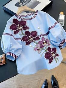 Resyla Plus Size Summer Casual Elegant Colorblock Striped Floral Print Shirt Brunch Party Light Blue - Multicolor - View 5