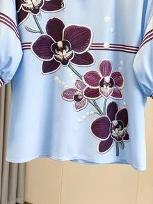 Resyla Plus Size Summer Casual Elegant Colorblock Striped Floral Print Shirt Brunch Party Light Blue - Multicolor - View 4
