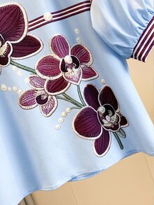 Resyla Plus Size Summer Casual Elegant Colorblock Striped Floral Print Shirt Brunch Party Light Blue - Multicolor - View 6