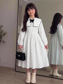 SHEIN Tween女孩青少年女孩洋裝 早秋休閒優雅黑白波點印花收腰洋裝 女孩洋裝 波點洋裝 適合日常優雅穿搭 開學季 畢業季場合 - 黑與白 - 查看 6