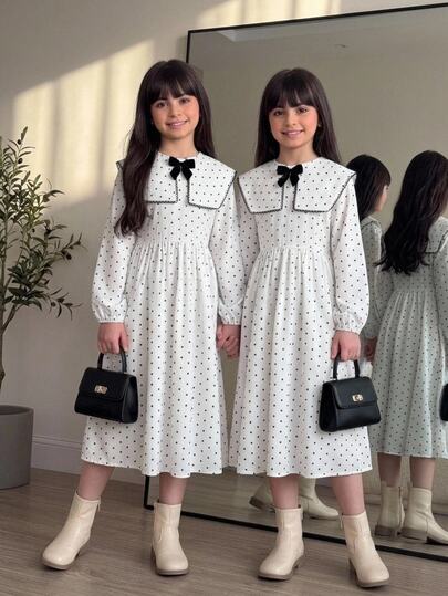 SHEIN Tween女孩青少年女孩洋裝 早秋休閒優雅黑白波點印花收腰洋裝 女孩洋裝 波點洋裝 適合日常優雅穿搭 開學季 畢業季場合