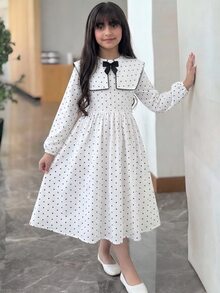 SHEIN Tween女孩青少年女孩洋裝 早秋休閒優雅黑白波點印花收腰洋裝 女孩洋裝 波點洋裝 適合日常優雅穿搭 開學季 畢業季場合 - 黑與白 - 查看 5