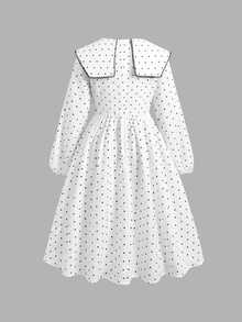 SHEIN Tween女孩青少年女孩洋裝 早秋休閒優雅黑白波點印花收腰洋裝 女孩洋裝 波點洋裝 適合日常優雅穿搭 開學季 畢業季場合 - 黑與白 - 查看 2
