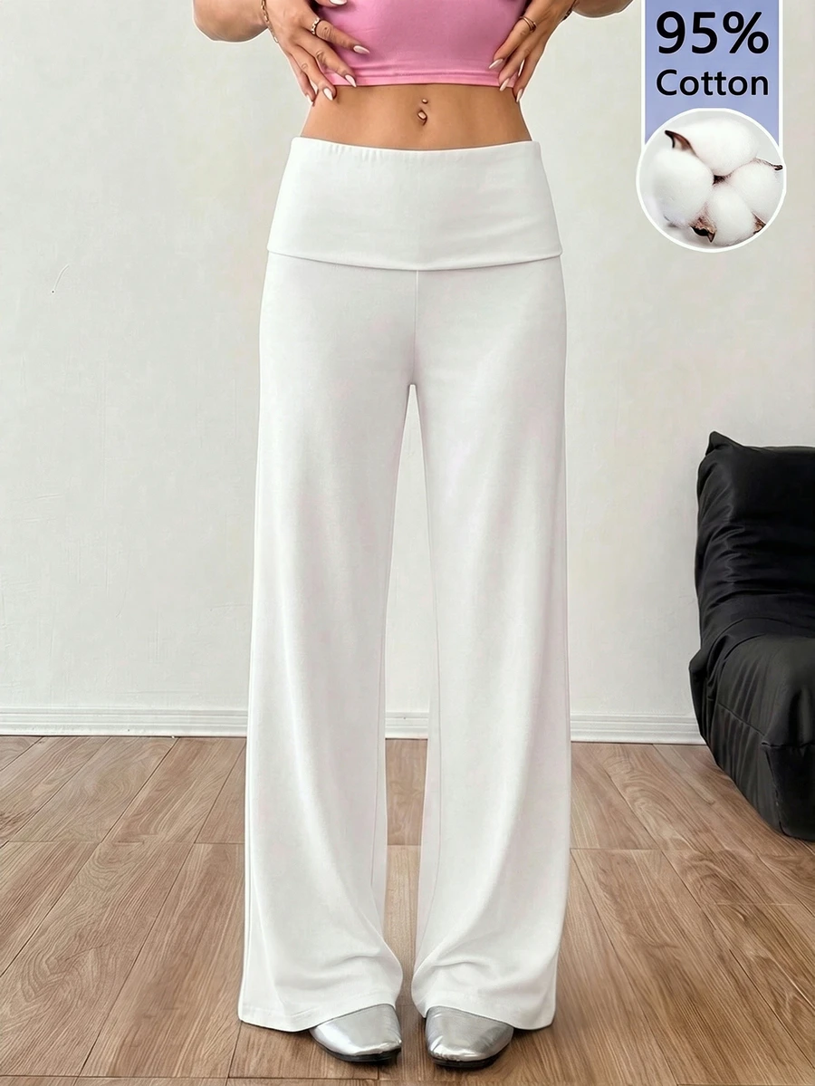 SHEIN EZwear 白色高腰寬腿寬鬆休閒極簡長褲,適合春夏秋冬 - 白色 - 查看 1