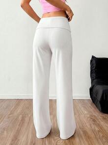 SHEIN EZwear 白色高腰寬腿寬鬆休閒極簡長褲，適合春夏秋冬 - 白色 - 查看 2