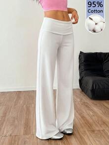 SHEIN EZwear 白色高腰寬腿寬鬆休閒極簡長褲，適合春夏秋冬 - 白色 - 查看 3