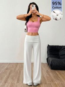 SHEIN EZwear 白色高腰寬腿寬鬆休閒極簡長褲，適合春夏秋冬 - 白色 - 查看 6