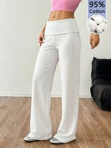 SHEIN EZwear 白色高腰寬腿寬鬆休閒極簡長褲，適合春夏秋冬 - 白色 - 查看 4