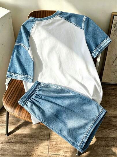 Manfinity Homme Men's Plus Size American Vintage Denim-Style Color Block Short Sleeve T-Shirt&Drawstring Shorts Set,Blue And White,Aqua Blue,Summer,Street,Vacation