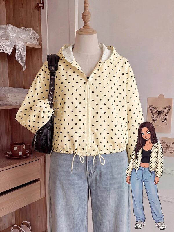 Comfortcana Plus Size All-Season Lightweight Vintage Polka Dot Hooded Windbreaker Jacket Fall