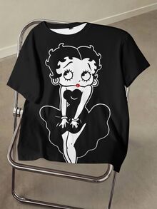 Betty Boop x SHEIN Women's Fashion Cartoon Print Round Neck Short Sleeve T-Shirt, Casual - White - View 3
