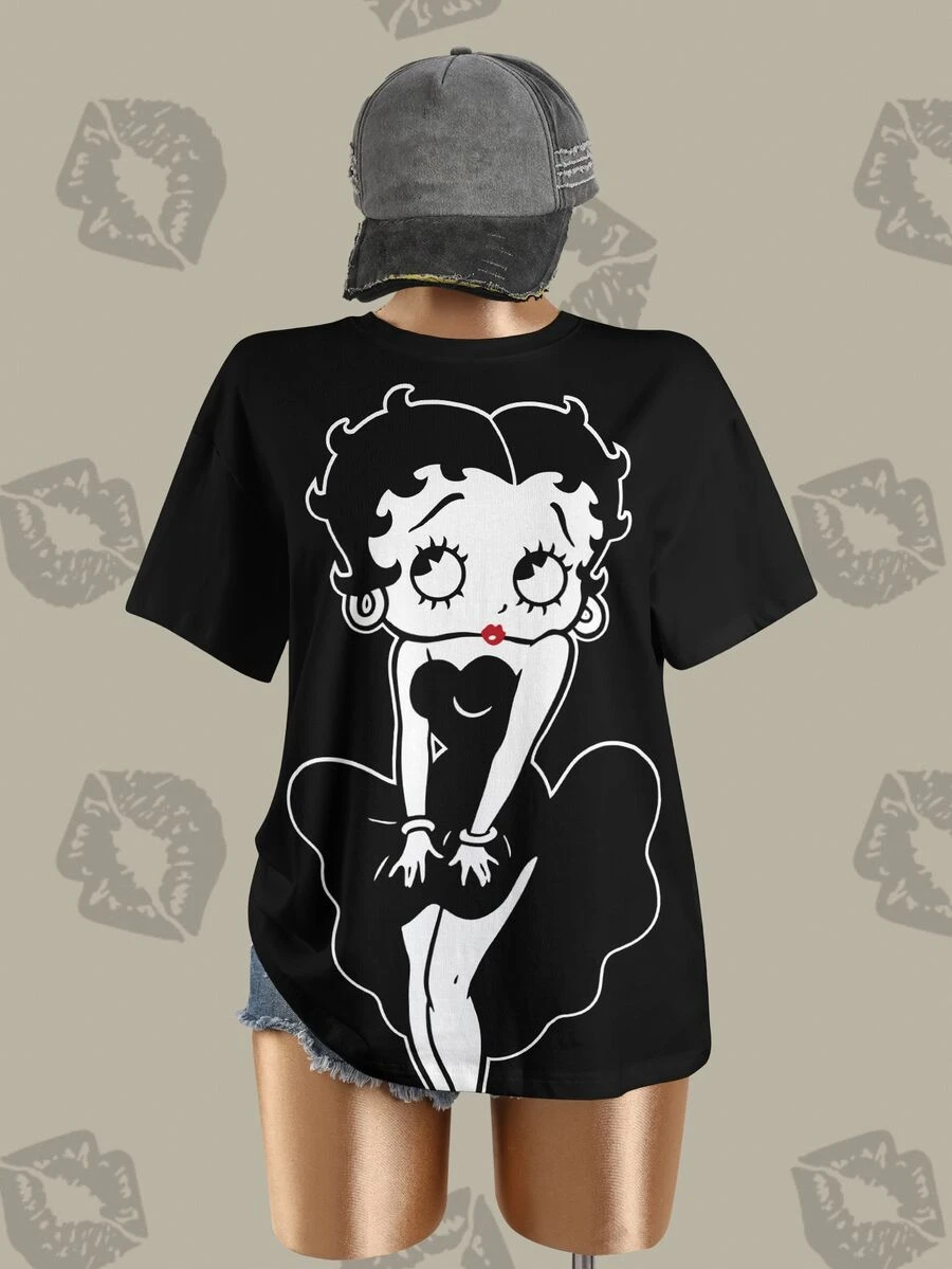 Betty Boop x SHEIN Women's Fashion Cartoon Print Round Neck Short Sleeve T-Shirt, Casual - White - View 1