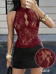 Siren Gaze Women Lace Halter Neck Sleeveless Slim Fit Top Elegant Sexy And Alluring For Evenings Night Out Burgundy Summer - Rose Red - View 3