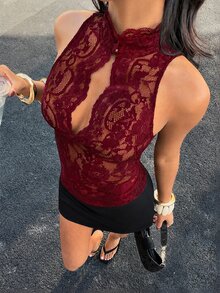 Siren Gaze Women Lace Halter Neck Sleeveless Slim Fit Top Elegant Sexy And Alluring For Evenings Night Out Burgundy Summer - Rose Red - View 4